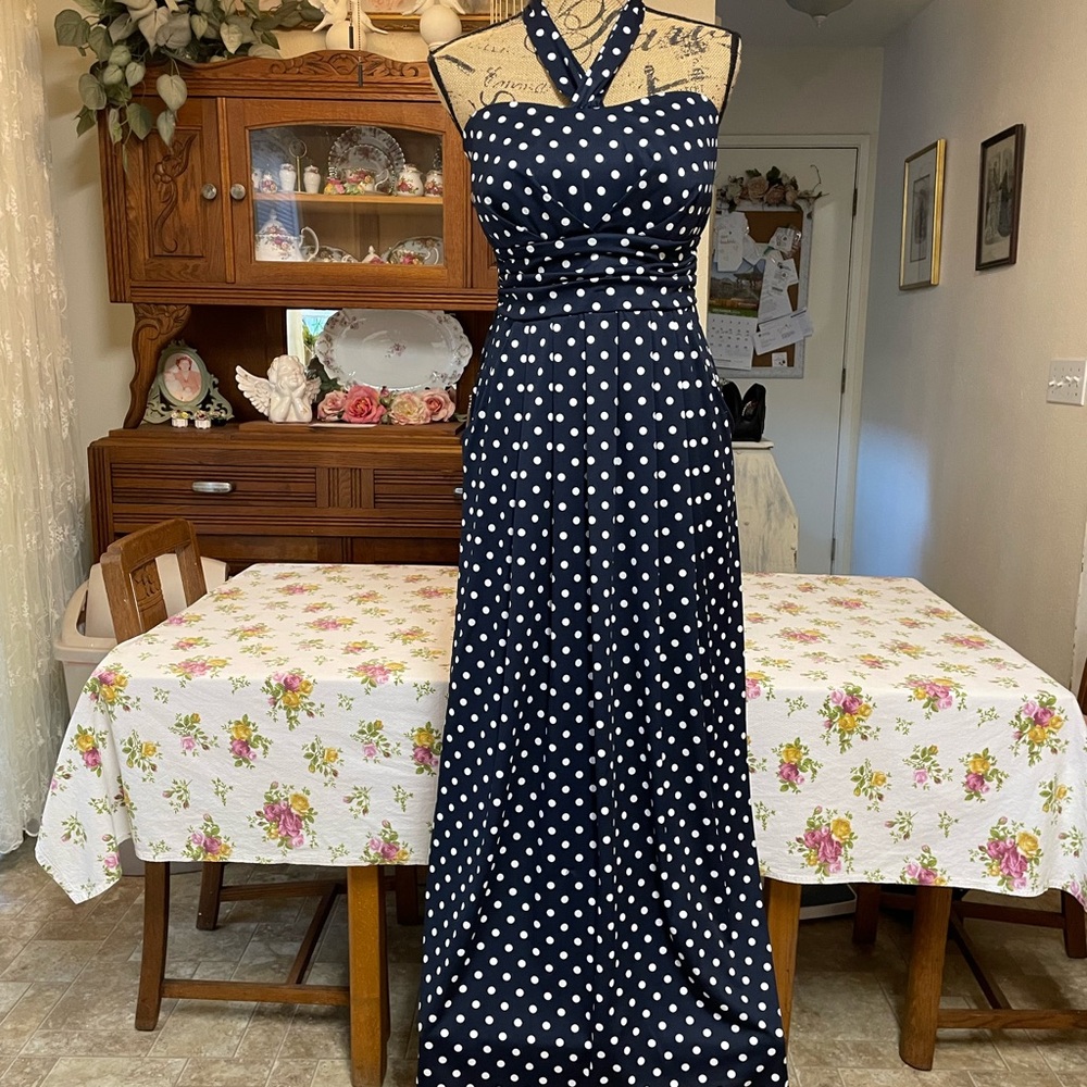 Chic Navy Polka Dot Halter Maxi Dress